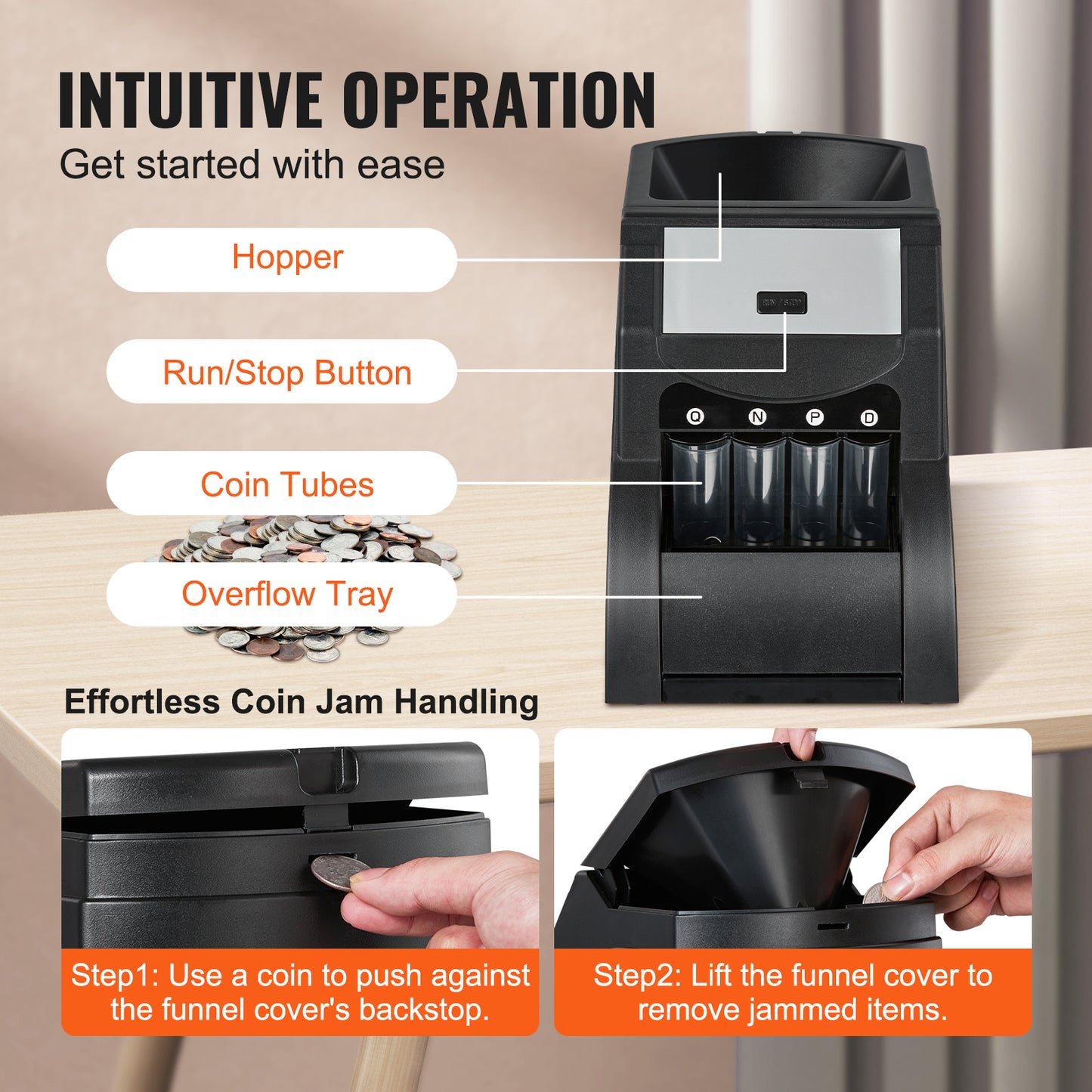 VEVOR USD Coin Sorter, Coin Sorter Machine for USD Coin Sorts up to 230 Coins Min, Coin Sorter and Wrapper Machine Holds 200 Coins Included 4 Coin Tubes, Black