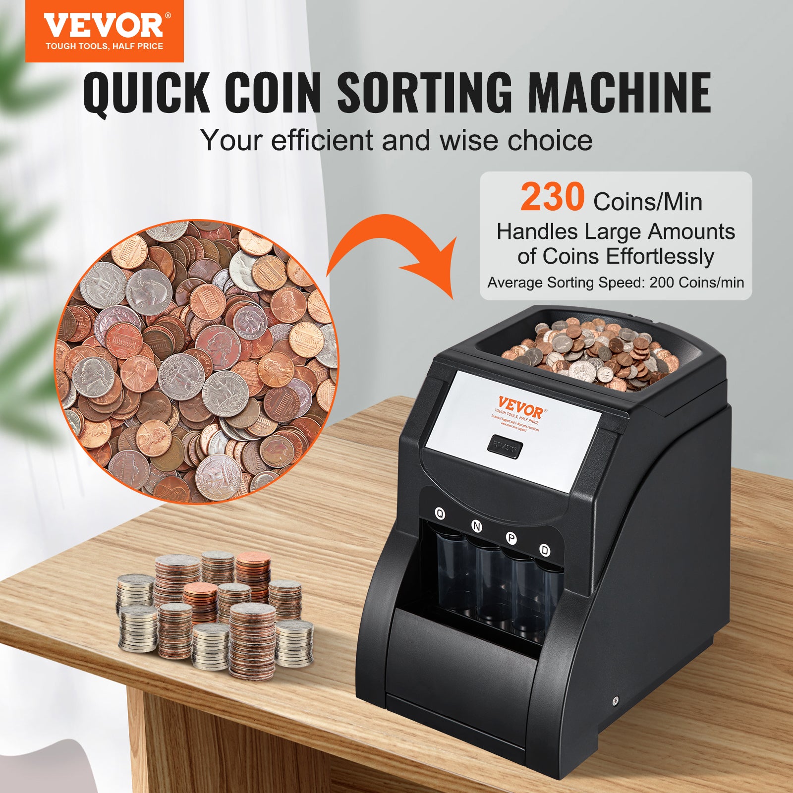 VEVOR USD Coin Sorter, Coin Sorter Machine for USD Coin Sorts up to 230 Coins Min, Coin Sorter and Wrapper Machine Holds 200 Coins Included 4 Coin Tubes, Black