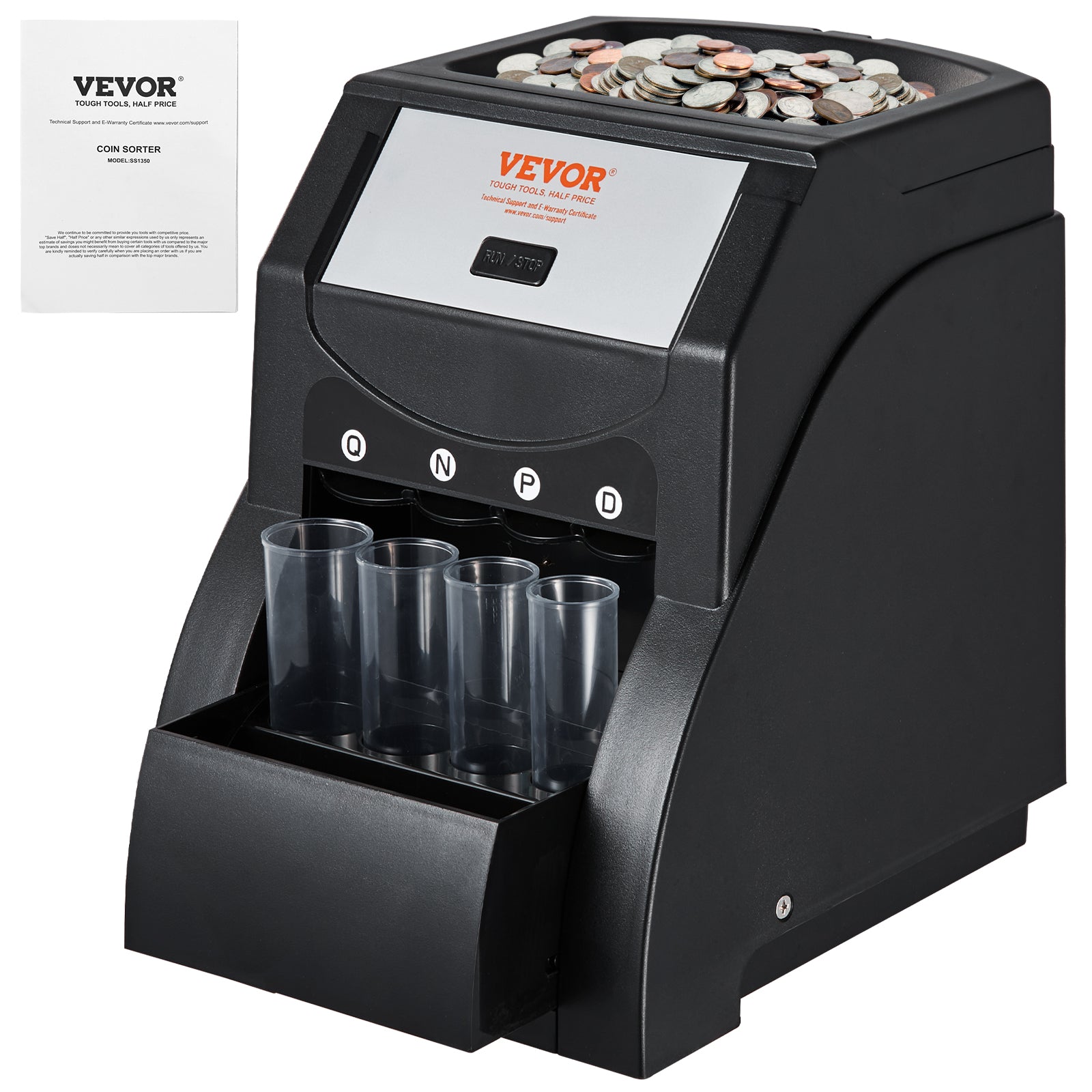 VEVOR USD Coin Sorter, Coin Sorter Machine for USD Coin Sorts up to 230 Coins Min, Coin Sorter and Wrapper Machine Holds 200 Coins Included 4 Coin Tubes, Black