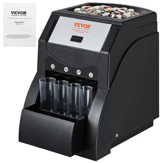 VEVOR USD Coin Sorter, Coin Sorter Machine for USD Coin Sorts up to 230 Coins Min, Coin Sorter and Wrapper Machine Holds 200 Coins Included 4 Coin Tubes, Black
